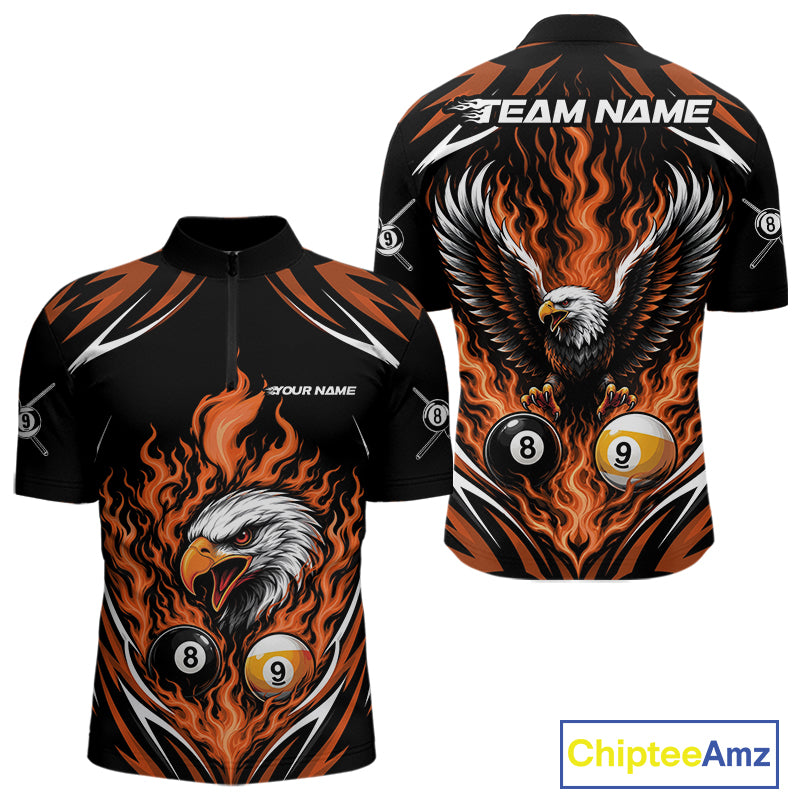 Custom Orange Flame Eagle 8 Ball And 9 Ball Billiards Jersey Quarter Zip Shirt For Men IPHW11774