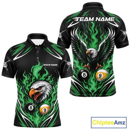 Custom Green Flame Eagle 8 Ball And 9 Ball Billiards Jersey Polo Shirt For Men IPHW11775