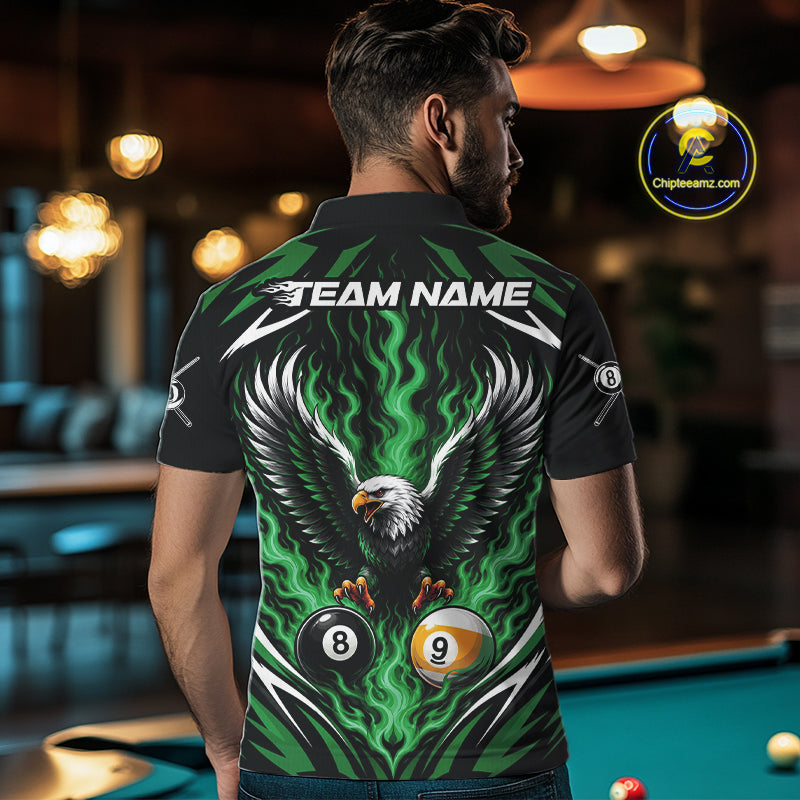 Custom Green Flame Eagle 8 Ball And 9 Ball Billiards Jersey Polo Shirt For Men IPHW11775