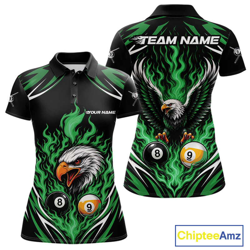 Custom Green Flame Eagle 8 Ball And 9 Ball Billiards Jersey Polo Shirt For Women IPHW11775