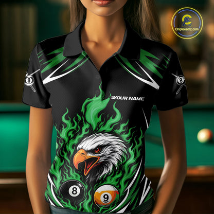 Custom Green Flame Eagle 8 Ball And 9 Ball Billiards Jersey Polo Shirt For Women IPHW11775
