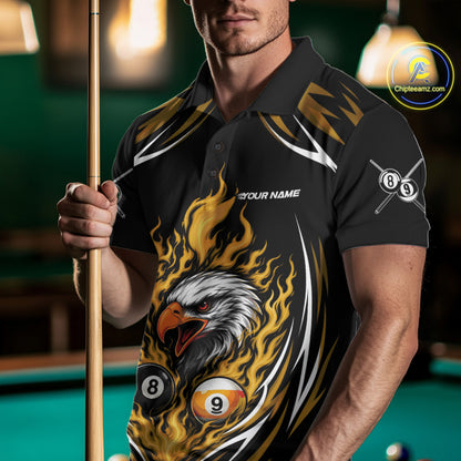 Custom Yellow Flame Eagle 8 Ball And 9 Ball Billiards Jersey Polo Shirt For Men IPHW11776
