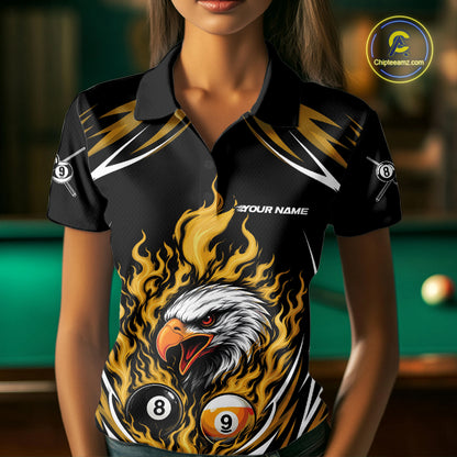 Custom Yellow Flame Eagle 8 Ball And 9 Ball Billiards Jersey Polo Shirt For Women IPHW11776