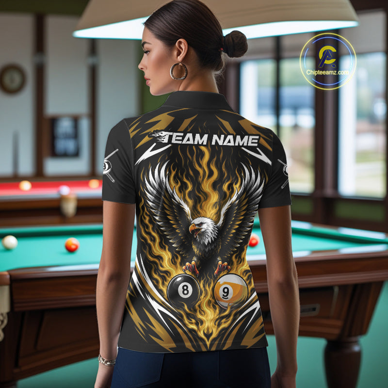 Custom Yellow Flame Eagle 8 Ball And 9 Ball Billiards Jersey Polo Shirt For Women IPHW11776