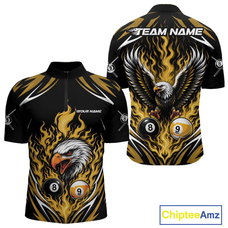 Custom Yellow Flame Eagle 8 Ball And 9 Ball Billiards Jersey Quarter Zip Shirt For Men IPHW11776