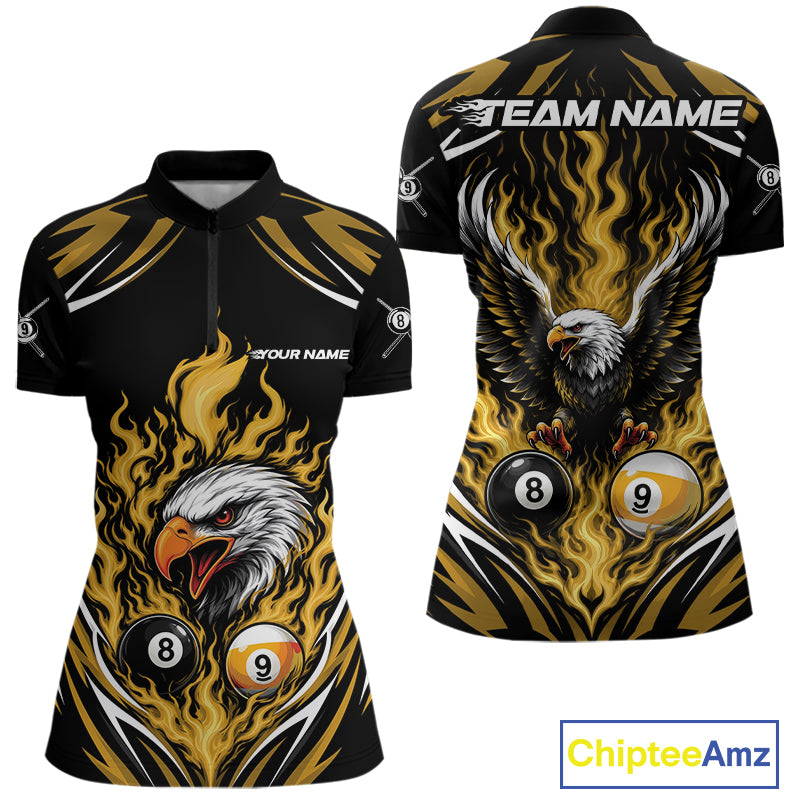 Custom Yellow Flame Eagle 8 Ball And 9 Ball Billiards Jersey Quarter-Zip Shirt For Women IPHW11776