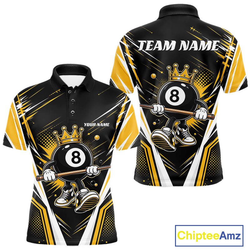 Custom Funny 8 Ball Wearing Crown Billiards King Men Polo Shirt, Yellow Pool Team Jerseys IPHW11789