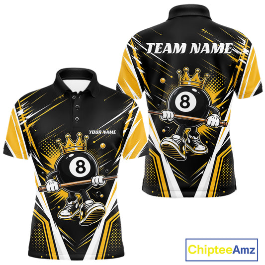 Custom Funny 8 Ball Wearing Crown Billiards King Men Polo Shirt, Yellow Pool Team Jerseys IPHW11789