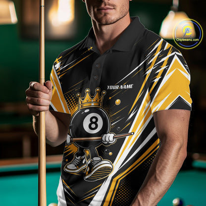 Custom Funny 8 Ball Wearing Crown Billiards King Men Polo Shirt, Yellow Pool Team Jerseys IPHW11789