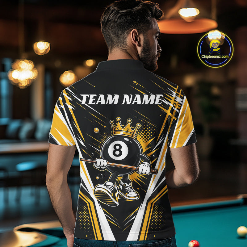 Custom Funny 8 Ball Wearing Crown Billiards King Men Polo Shirt, Yellow Pool Team Jerseys IPHW11789