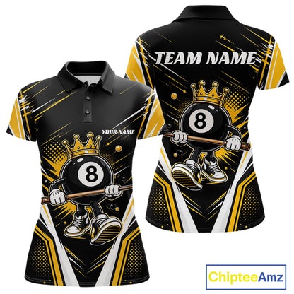 Custom Funny 8 Ball Wearing Crown Billiards Queen Women Polo Shirt, Yellow Pool Team Jerseys IPHW11789