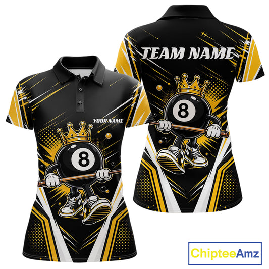 Custom Funny 8 Ball Wearing Crown Billiards Queen Women Polo Shirt, Yellow Pool Team Jerseys IPHW11789