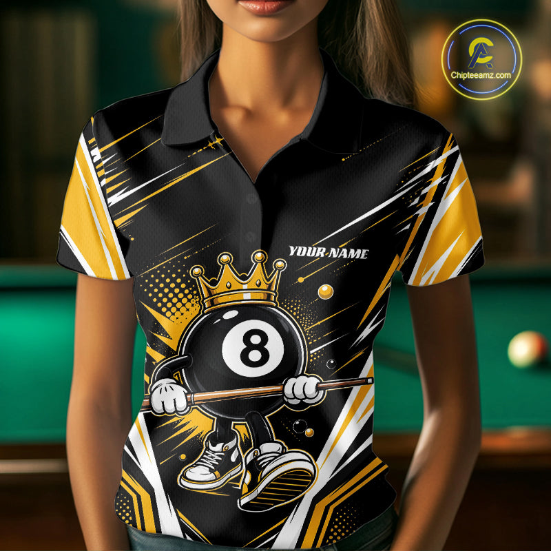 Custom Funny 8 Ball Wearing Crown Billiards Queen Women Polo Shirt, Yellow Pool Team Jerseys IPHW11789
