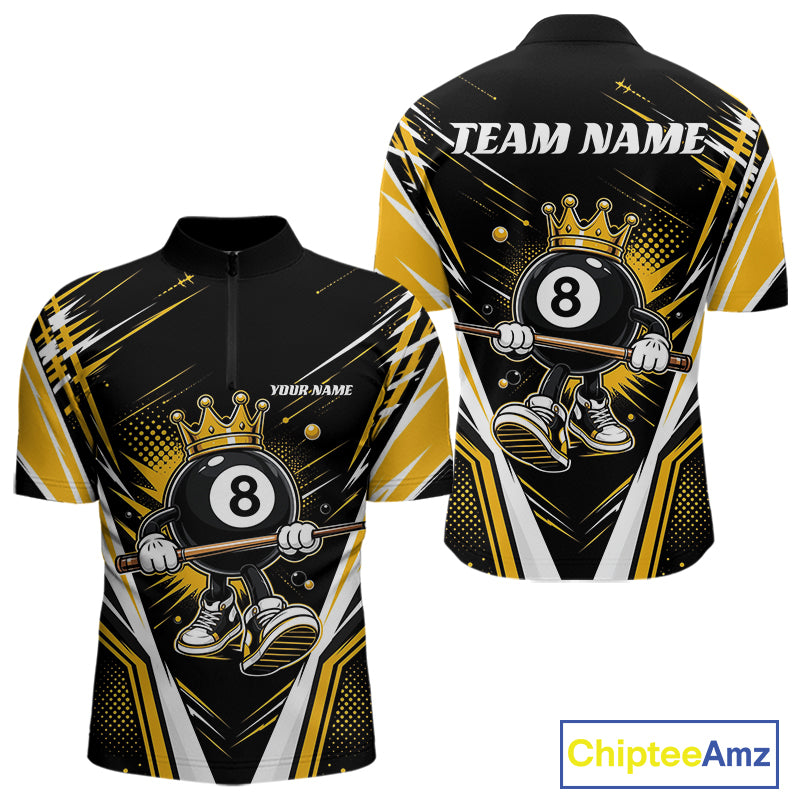 Custom Funny 8 Ball Wearing Crown Billiards King Men Quarter Zip Shirt, Yellow Pool Team Jerseys IPHW11789