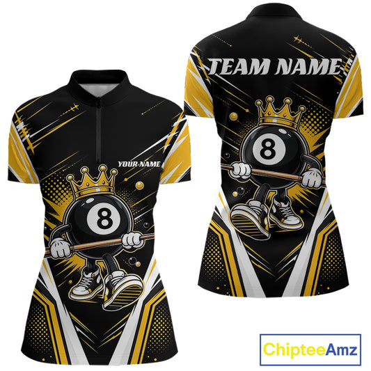 Custom Funny 8 Ball Billiards Queen Women Quarter-Zip Shirt, Yellow Pool Team Jerseys IPHW11789