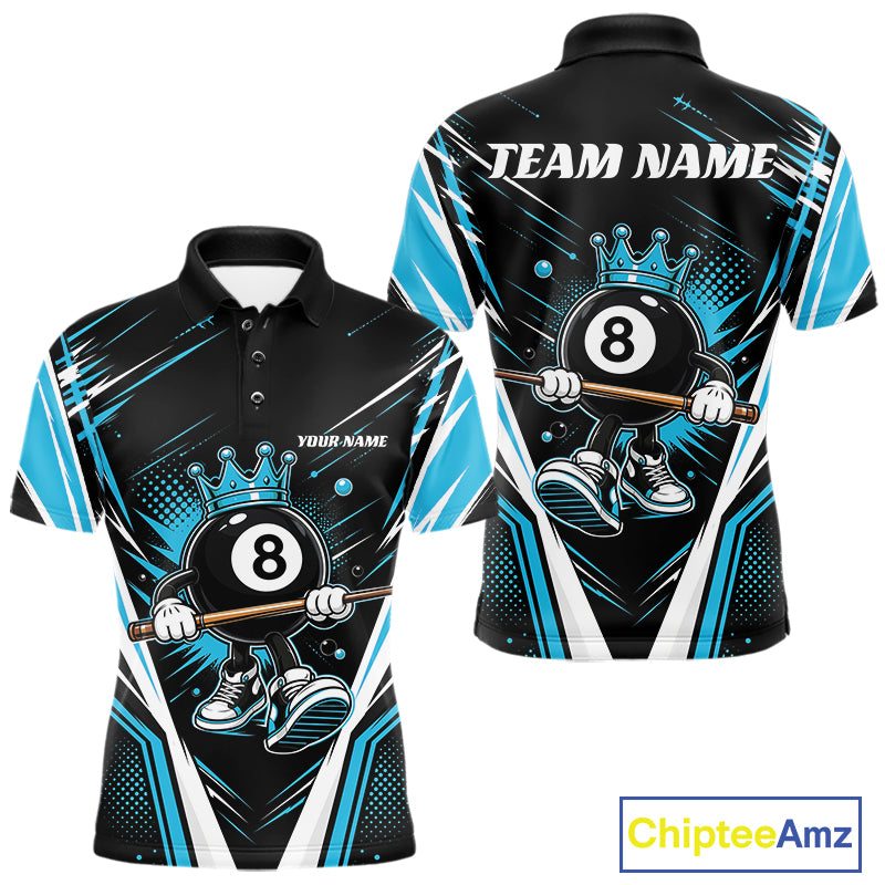 Custom Funny 8 Ball Wearing Crown Billiards King Men Polo Shirt, Blue Pool Team Jerseys IPHW11790