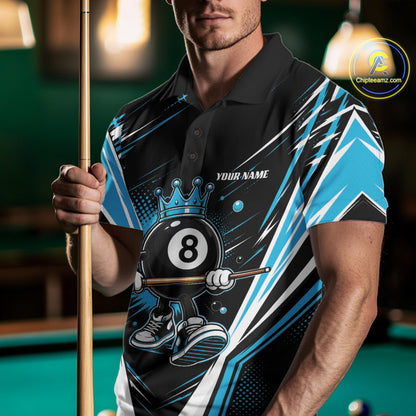 Custom Funny 8 Ball Wearing Crown Billiards King Men Polo Shirt, Blue Pool Team Jerseys IPHW11790