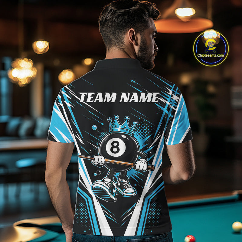 Custom Funny 8 Ball Wearing Crown Billiards King Men Polo Shirt, Blue Pool Team Jerseys IPHW11790