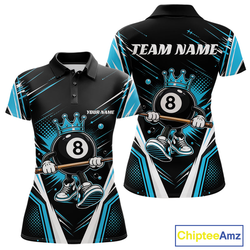 Custom Funny 8 Ball Wearing Crown Billiards Queen Women Polo Shirt, Blue Pool Team Jerseys IPHW11790