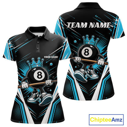 Custom Funny 8 Ball Wearing Crown Billiards Queen Women Polo Shirt, Blue Pool Team Jerseys IPHW11790