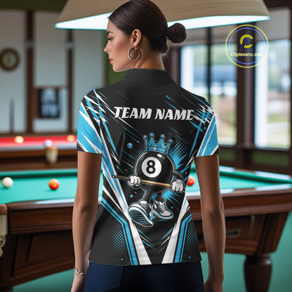Custom Funny 8 Ball Wearing Crown Billiards Queen Women Polo Shirt, Blue Pool Team Jerseys IPHW11790