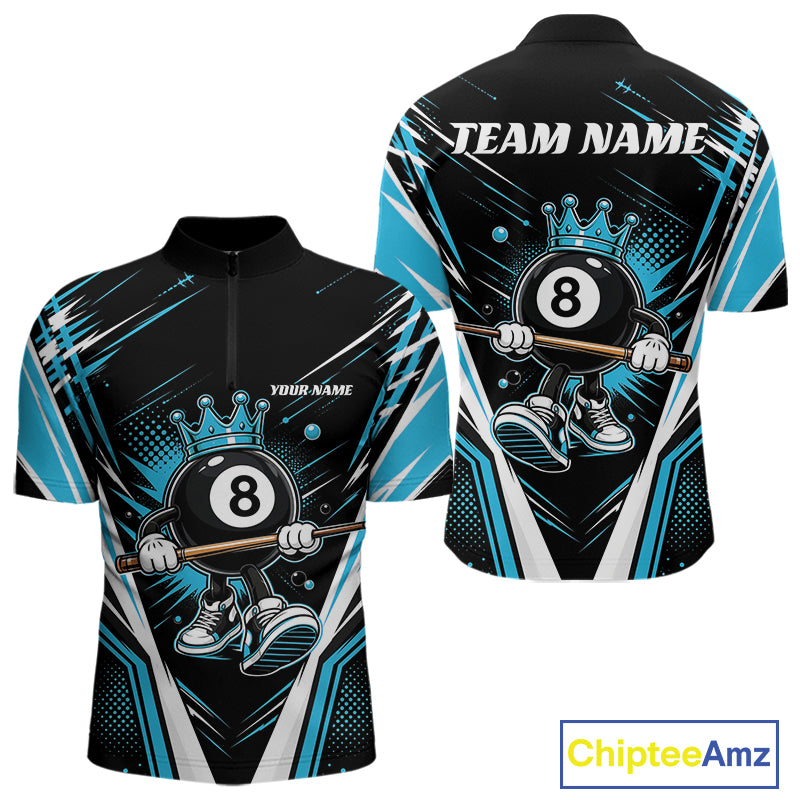 Custom Funny 8 Ball Wearing Crown Billiards King Men Quarter Zip Shirt, Blue Pool Team Jerseys IPHW11790