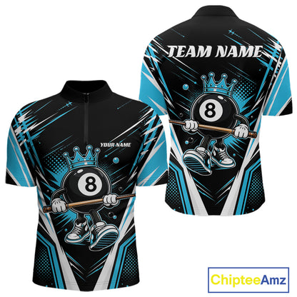 Custom Funny 8 Ball Wearing Crown Billiards King Men Quarter Zip Shirt, Blue Pool Team Jerseys IPHW11790