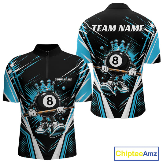 Custom Funny 8 Ball Wearing Crown Billiards King Men Quarter Zip Shirt, Blue Pool Team Jerseys IPHW11790