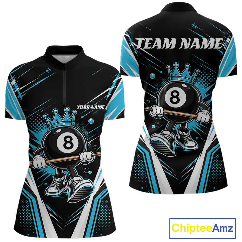 Custom Funny 8 Ball Billiards Queen Women Quarter-Zip Shirt, Blue Pool Team Jerseys IPHW11790