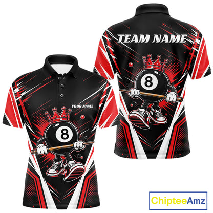 Custom Funny 8 Ball Wearing Crown Billiards King Men Polo Shirt, Red Pool Team Jerseys IPHW11791