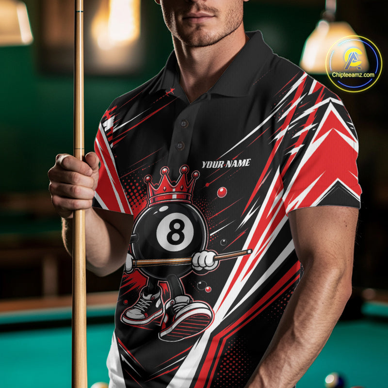 Custom Funny 8 Ball Wearing Crown Billiards King Men Polo Shirt, Red Pool Team Jerseys IPHW11791