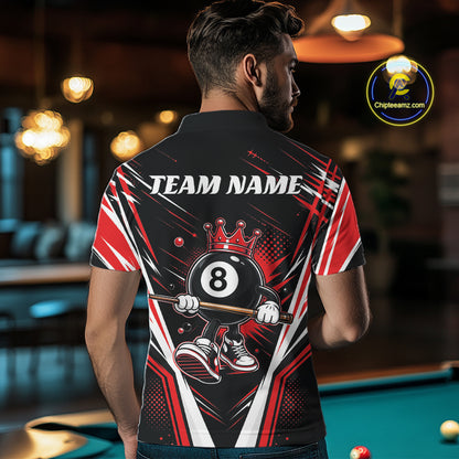 Custom Funny 8 Ball Wearing Crown Billiards King Men Polo Shirt, Red Pool Team Jerseys IPHW11791