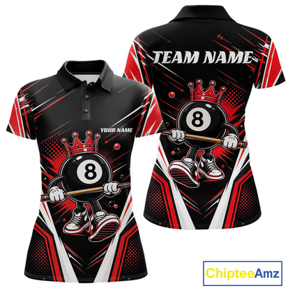 Custom Funny 8 Ball Wearing Crown Billiards Queen Women Polo Shirt, Red Pool Team Jerseys IPHW11791
