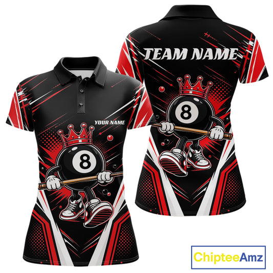 Custom Funny 8 Ball Wearing Crown Billiards Queen Women Polo Shirt, Red Pool Team Jerseys IPHW11791