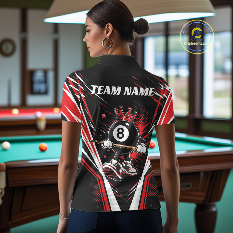 Custom Funny 8 Ball Wearing Crown Billiards Queen Women Polo Shirt, Red Pool Team Jerseys IPHW11791