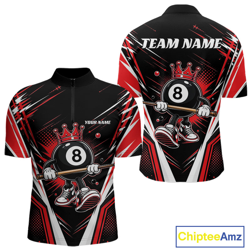 Custom Funny 8 Ball Wearing Crown Billiards King Men Quarter Zip Shirt, Red Pool Team Jerseys IPHW11791