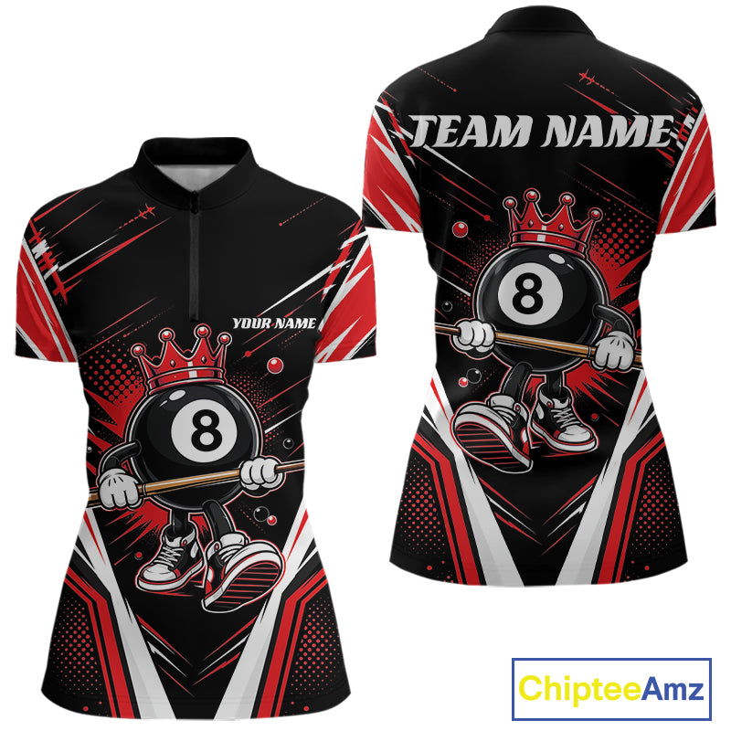 Custom Funny 8 Ball Billiards Queen Women Quarter-Zip Shirt, Red Pool Team Jerseys IPHW11791