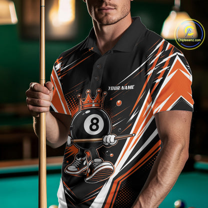 Custom Funny 8 Ball Wearing Crown Billiards King Men Polo Shirt, Orange Pool Team Jerseys IPHW11792