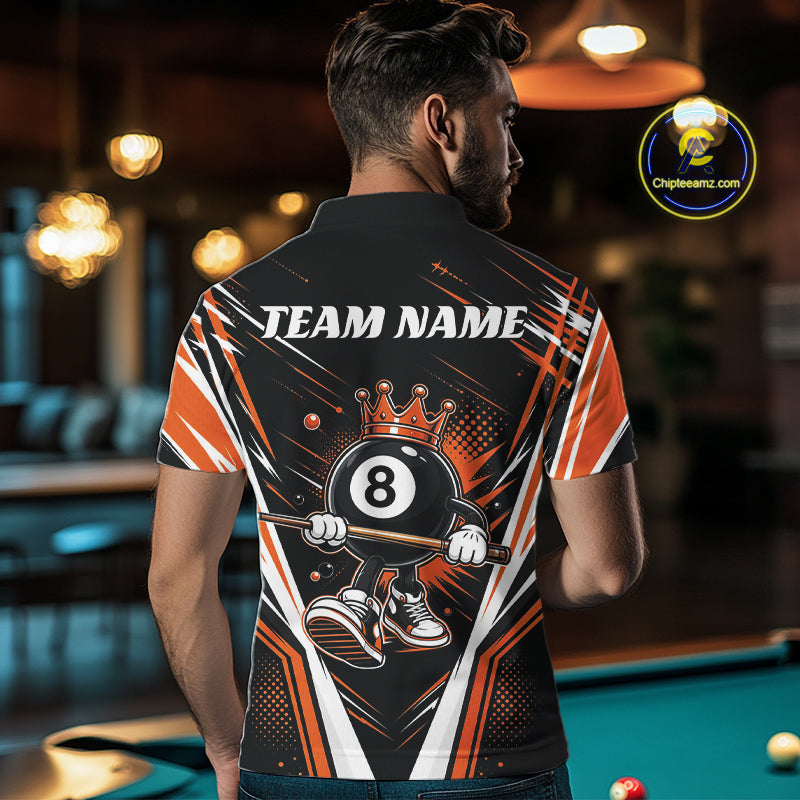 Custom Funny 8 Ball Wearing Crown Billiards King Men Polo Shirt, Orange Pool Team Jerseys IPHW11792