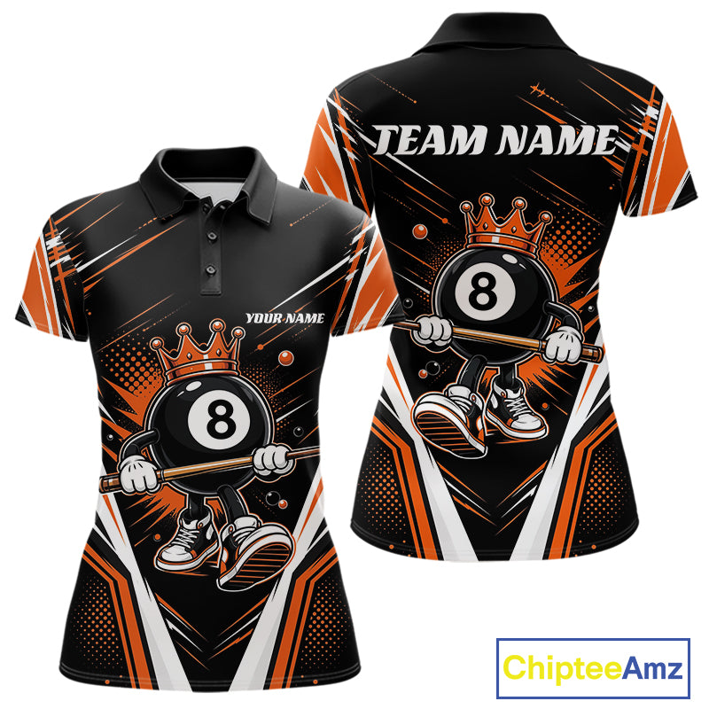 Custom Funny 8 Ball Wearing Crown Billiards Queen Women Polo Shirt, Orange Pool Team Jerseys IPHW11792