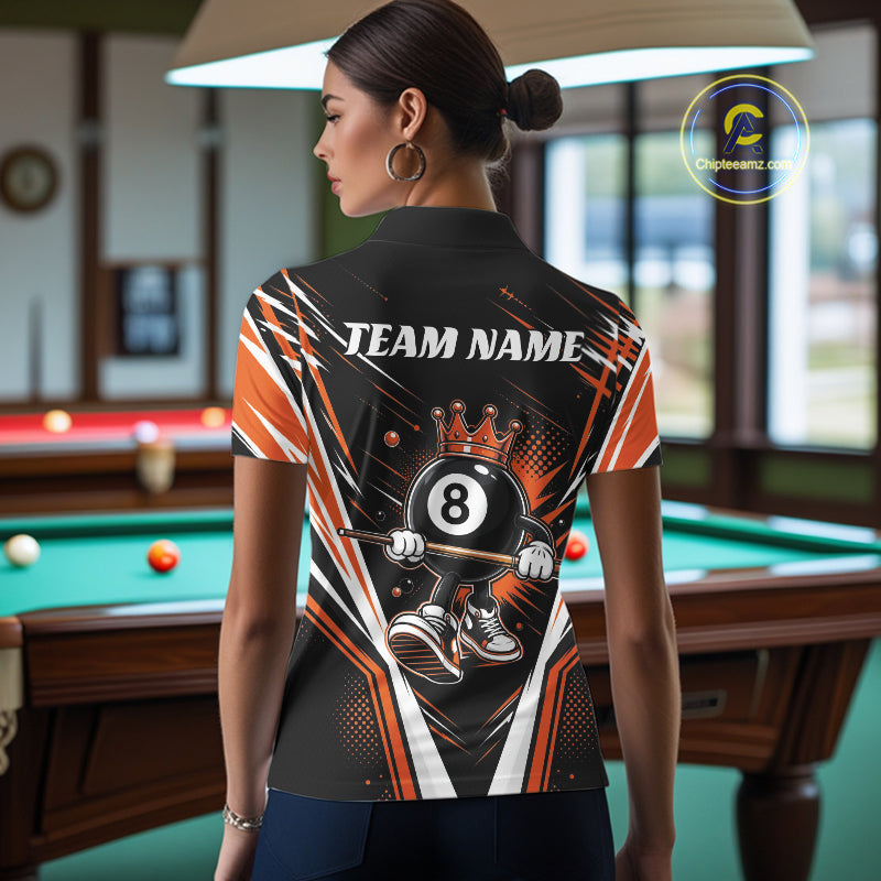 Custom Funny 8 Ball Wearing Crown Billiards Queen Women Polo Shirt, Orange Pool Team Jerseys IPHW11792