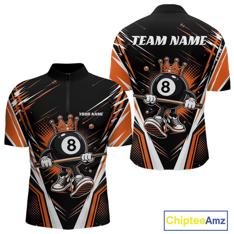 Custom Funny 8 Ball Wearing Crown Billiards King Men Quarter Zip Shirt, Orange Pool Team Jerseys IPHW11792