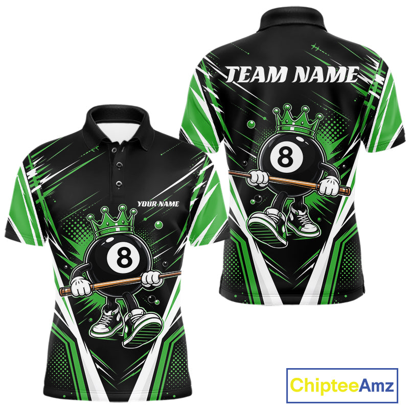Custom Funny 8 Ball Wearing Crown Billiards King Men Polo Shirt, Green Pool Team Jerseys IPHW11793