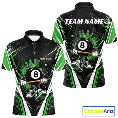 Custom Funny 8 Ball Wearing Crown Billiards King Men Polo Shirt, Green Pool Team Jerseys IPHW11793