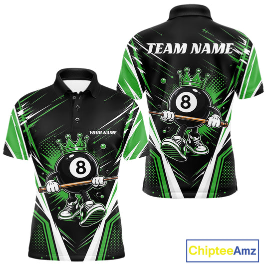 Custom Funny 8 Ball Wearing Crown Billiards King Men Polo Shirt, Green Pool Team Jerseys IPHW11793