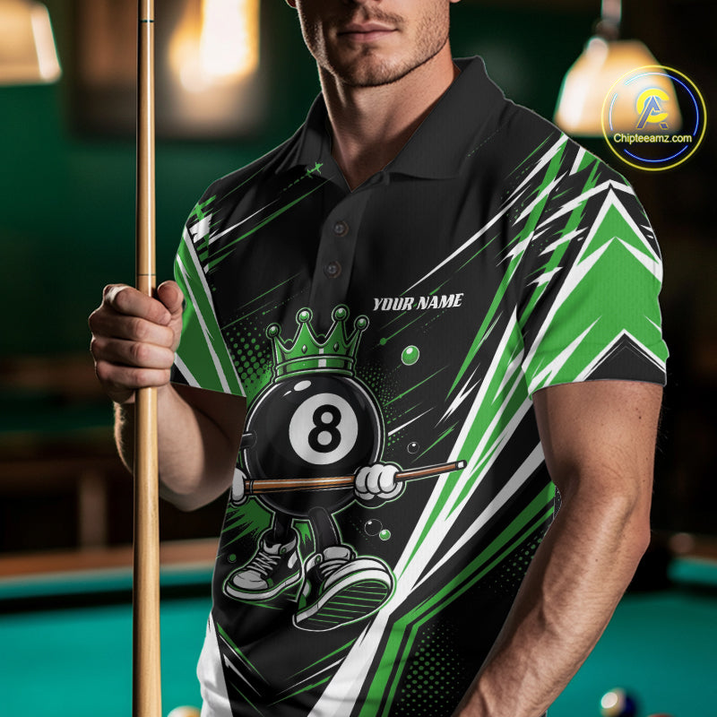 Custom Funny 8 Ball Wearing Crown Billiards King Men Polo Shirt, Green Pool Team Jerseys IPHW11793