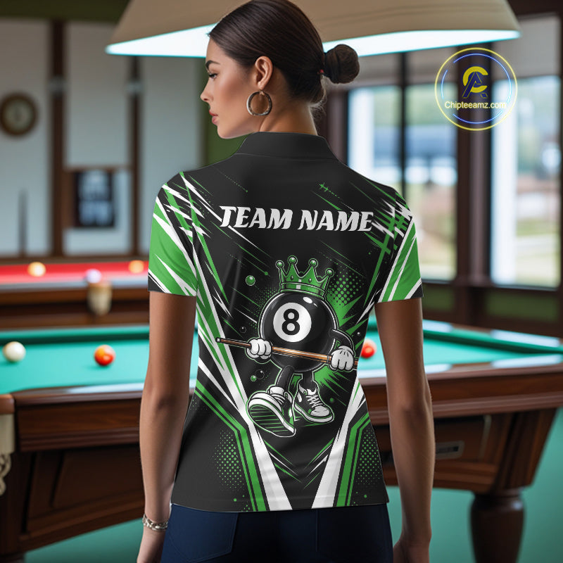 Custom Funny 8 Ball Wearing Crown Billiards Queen Women Polo Shirt, Green Pool Team Jerseys IPHW11793