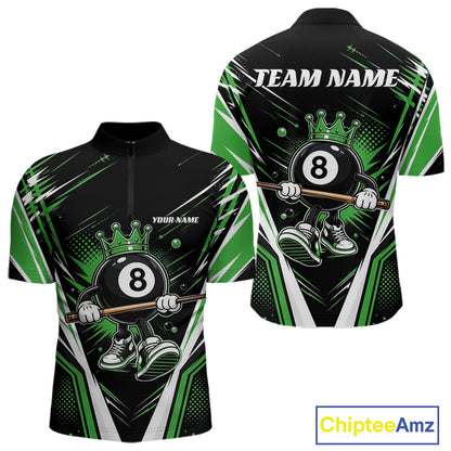 Custom Funny 8 Ball Wearing Crown Billiards King Men Quarter Zip Shirt, Green Pool Team Jerseys IPHW11793