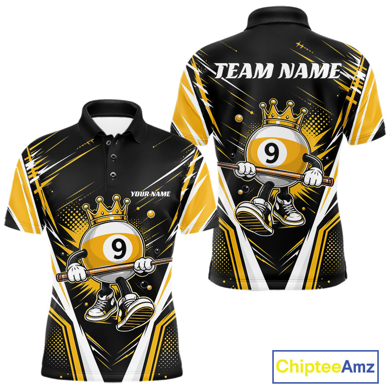 Custom Funny 9 Ball Wearing Crown Billiards King Men Polo Shirt, Yellow Pool Team Jerseys IPHW11794