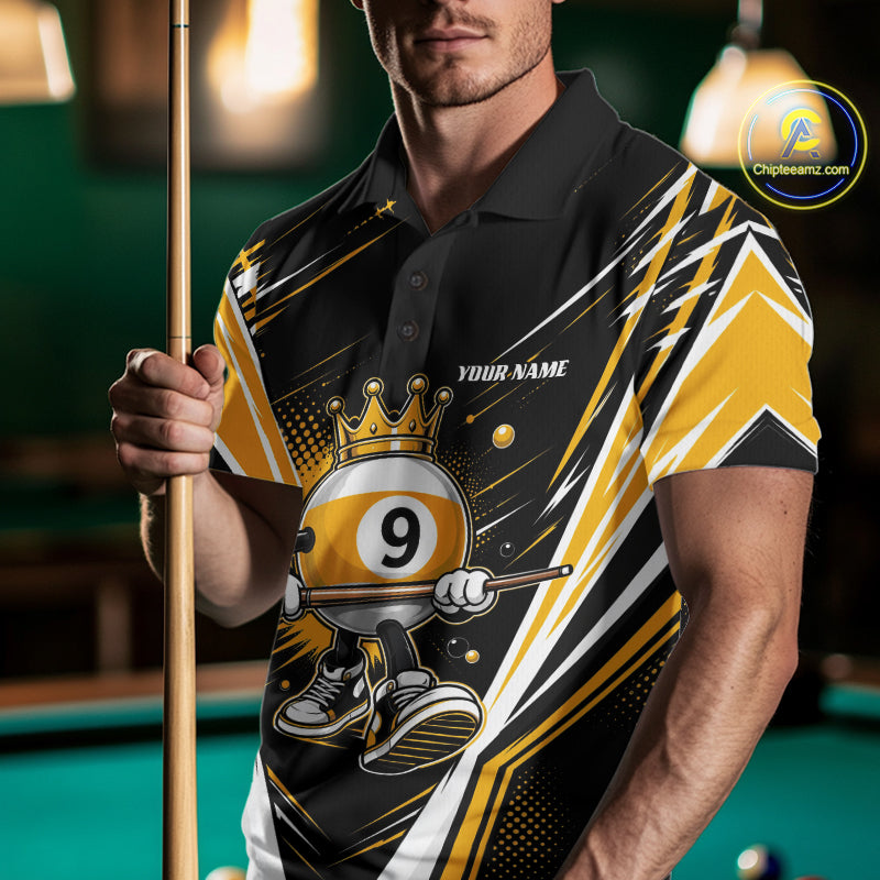 Custom Funny 9 Ball Wearing Crown Billiards King Men Polo Shirt, Yellow Pool Team Jerseys IPHW11794